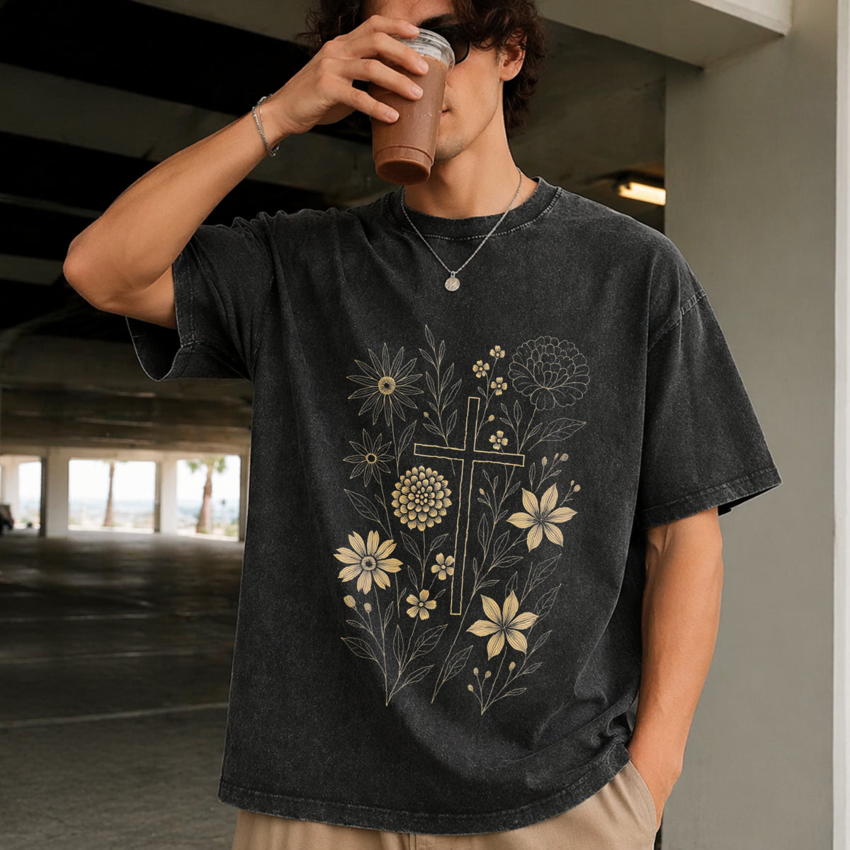 Christian Cross Floral Faith Vintage Washed T-Shirt in Black