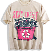 Stay Trashy Black with Pink Raccoon & Bin Vintage Washed T-Shirt in Beige