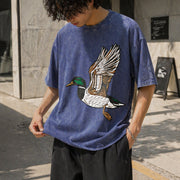 Embroidered Duck Animal Lover Vintage Washed T-Shirt in Blue
