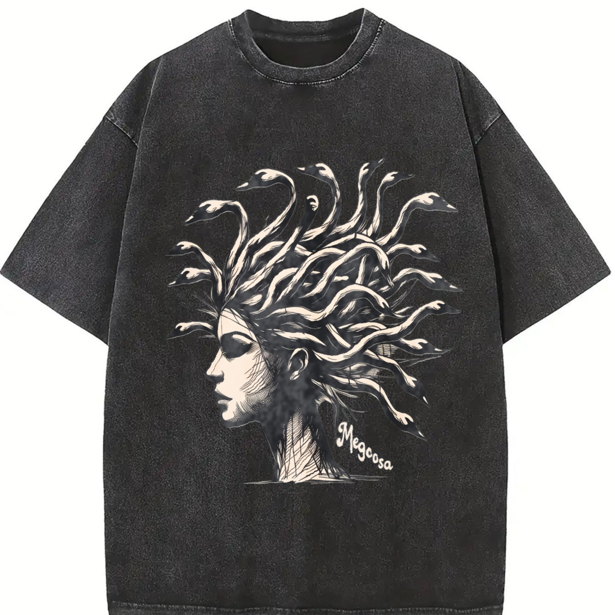 Retro Medusa Goose Head 90s Vintage Washed T-Shirt in Black
