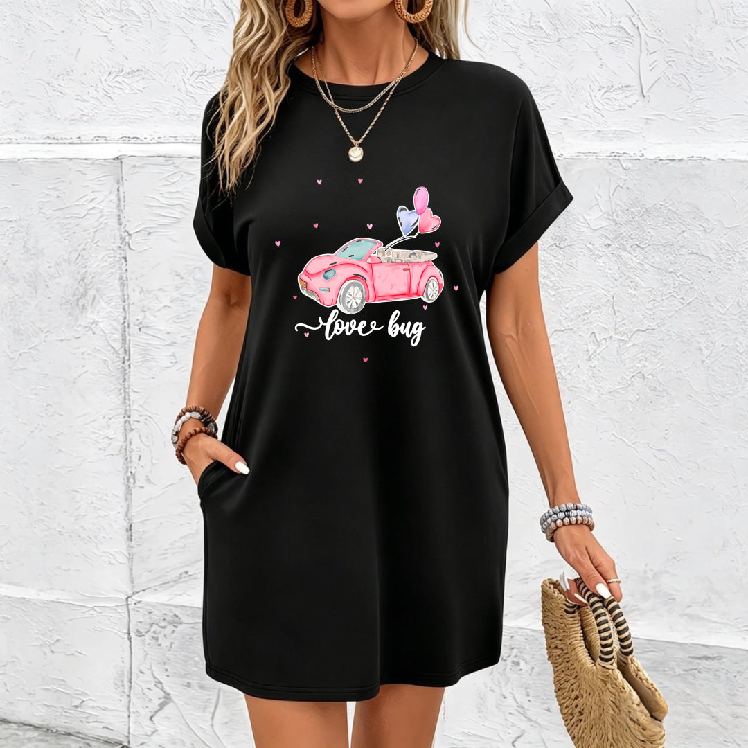 Pink Convertible Car and Heart Balloons Cotton T-Shirt in Black