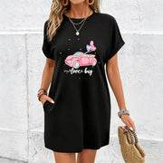 Pink Convertible Car and Heart Balloons Cotton T-Shirt in Black