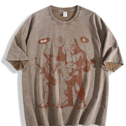 Retro Bigfoot and Alien with Electric Guitar Vintage Washed T-Shirt in Brown