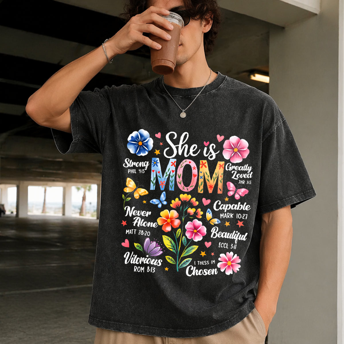 She Is Mom Bible Verses Christian Boho Floral Mother's Day Vintage Washed T-Shirt in Black