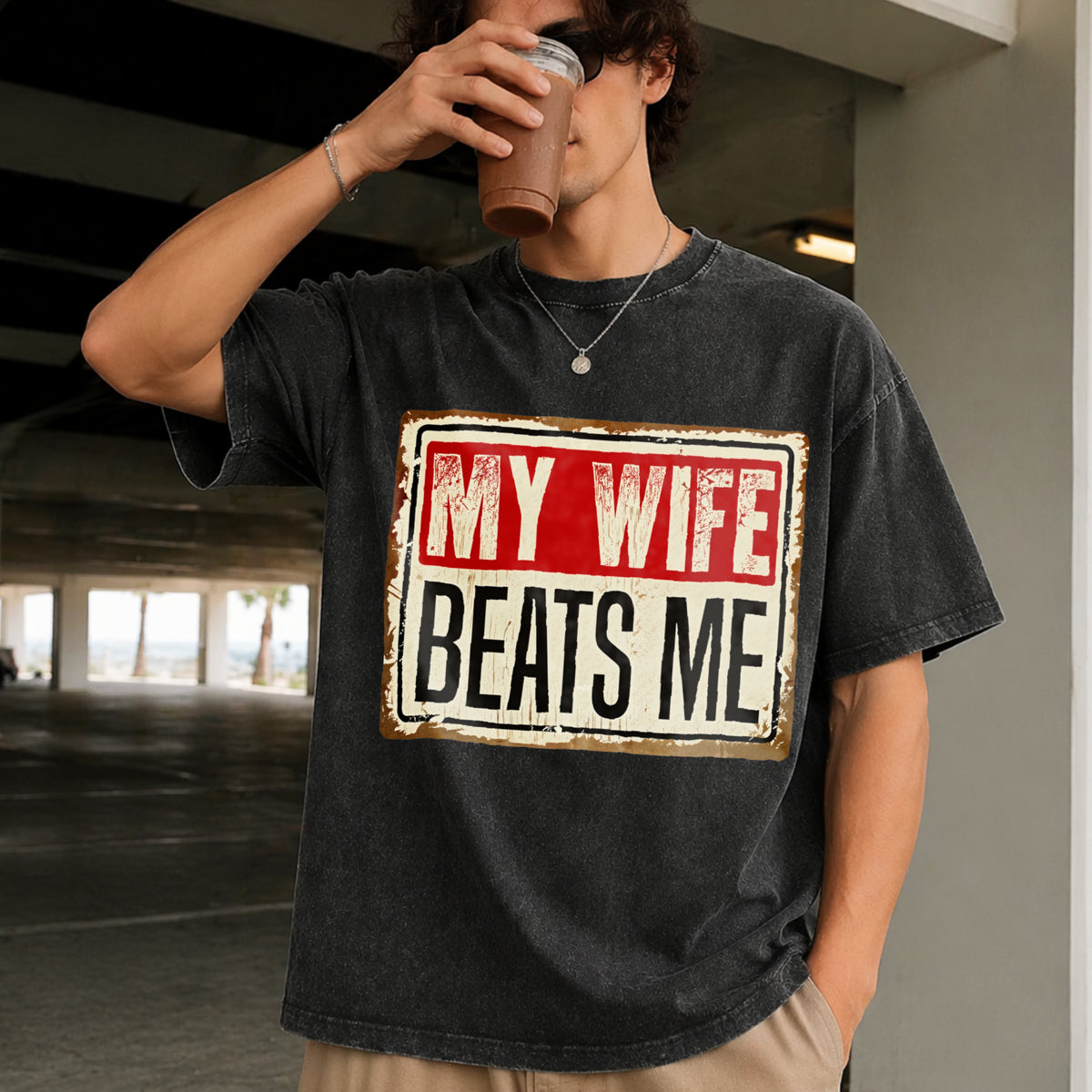My Wife Beats Me American Flag Husband and Wife Vintage Washed T-Shirt in Black