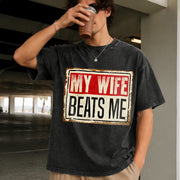 My Wife Beats Me American Flag Husband and Wife Vintage Washed T-Shirt in Black