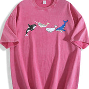Marine Life Embroidered Vintage Washed T-Shirt in Red