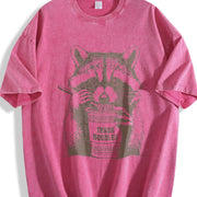 Retro Raccoon Eating Noodle 90s Vintage Washed T-Shirt in Red