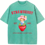 Adult Strawberry Shortcake Red Berry Dessert for HerHim vintage washed oversized T-shirt in Blue