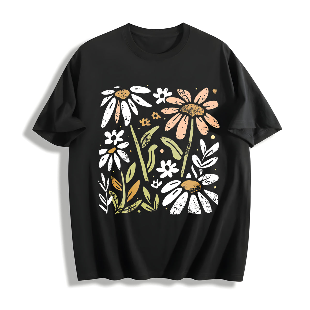 Yellow and White Floral Cotton T-Shirt in Black