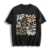 Yellow and White Floral Cotton T-Shirt in Black