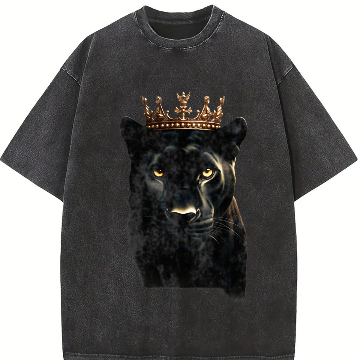 Black Wild Leopard with Crown 90s Vintage Washed T-Shirt in Black