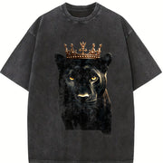 Black Wild Leopard with Crown 90s Vintage Washed T-Shirt in Black