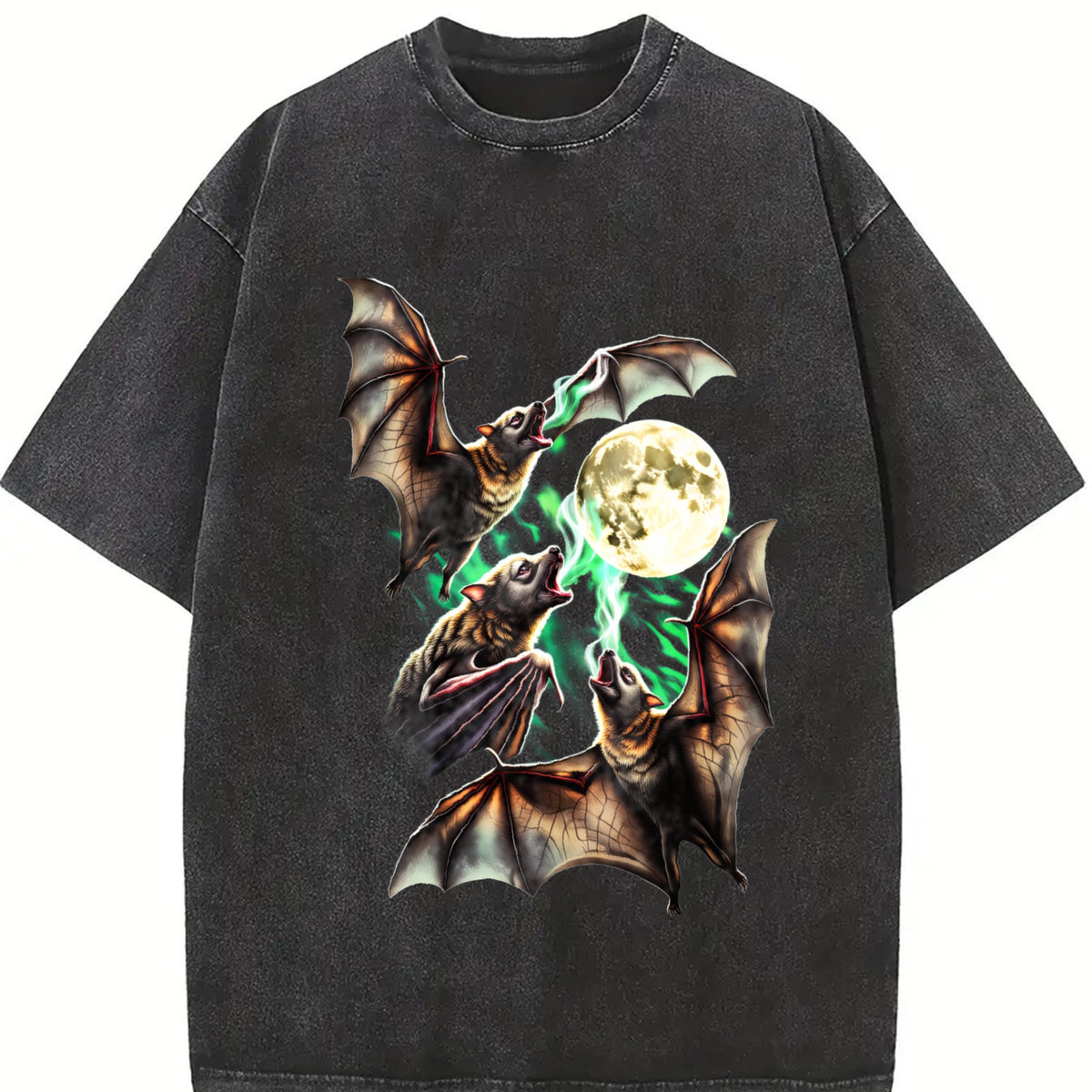 Bats Howling to Moon 90s Vintage Washed T-Shirt in Black
