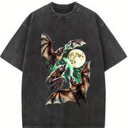 Bats Howling to Moon 90s Vintage Washed T-Shirt in Black