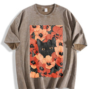 Blockbuster Black Cat and Red Daisy Vintage Washed T-Shirt in Brown