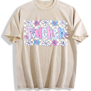 Coquette Teacher Preppy Floral Teacher Vintage Washed T-Shirt in Beige