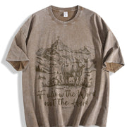 European and American Vintage Washed T-Shirt in Brown