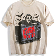Retro Vampire Let's Watch Horror Movies Vintage Washed T-Shirt in Beige