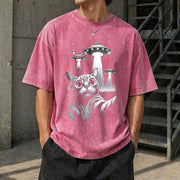 UFO Cat Retro Space Alien Vintage Washed T-Shirt in Red