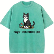 Cat Meme Rage Consumes Me and Batik vintage washed oversized T-shirt in Blue