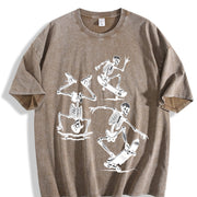 3 Skeletons Skateboarding 90s Vintage Washed T-Shirt in Brown