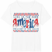 Land of the Free Because of the Brave Retro Checkered Cotton T-Shirt in White