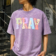 Pray Christian Faux Quilted Religious Vintage Washed T-Shirt in Purple