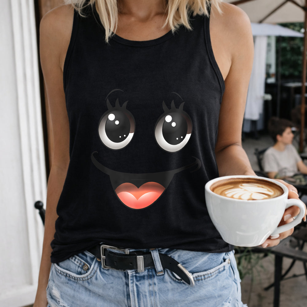 Cartoon Joyful Face Sleeveless Racer Vest Women's Color Cotton Tank Top in Black