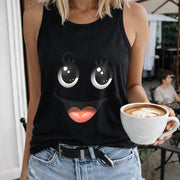 Cartoon Joyful Face Sleeveless Racer Vest Women's Color Cotton Tank Top in Black
