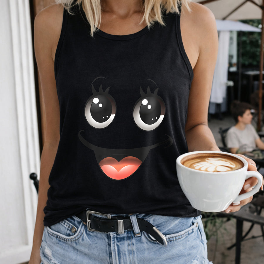 Big Eyes Smile Face Women's Color Cotton Tank Top in Black