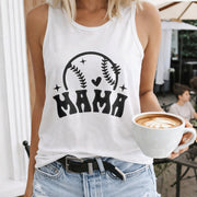 Baseball Mama Heart Stars Stitch Crew-neck Sleeveless Vest Women's Color Cotton Tank Top in White