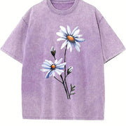 White Daisy Flowers Vintage Washed T-Shirt in Purple