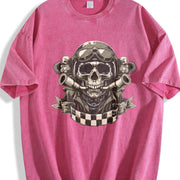 Motorcycle Skull Helmet Sleeveless Tank Vintage Washed T-Shirt in Red