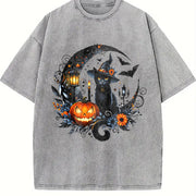 Gothic Witch Black Cat & Bats Vintage Washed T-Shirt in Gray