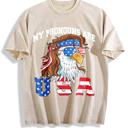 My Pronouns Are USA Eagle American 4th of July Vintage Washed T-Shirt in Beige