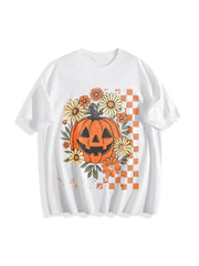 Retro Floral Pumpkin Cotton T-Shirt in White