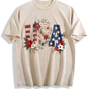 USA Flag Floral Boxy Retro Y2K Vibes or Lived-in Vintage Washed T-Shirt in Beige