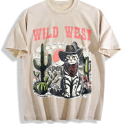 Retro Wild West Cowboy Cat Vintage Washed T-Shirt in Beige