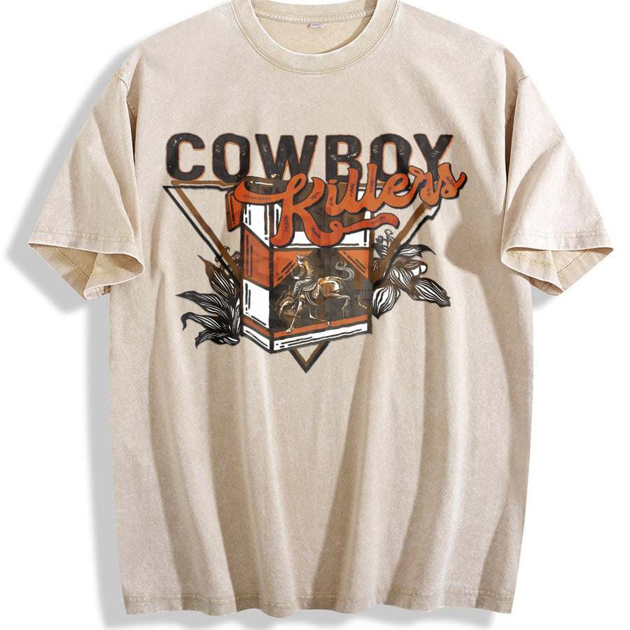Front Back Western Cowboy Tank Vintage Washed T-Shirt in Beige