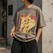 Cat Bite Anime Kitty Vintage Washed T-Shirt in Brown