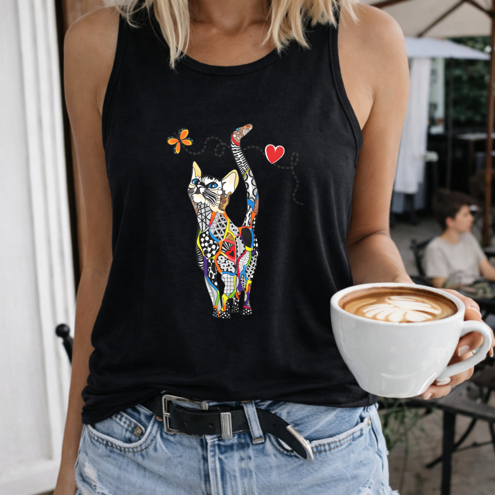 Colorful Cat with Butterfly and Heart Crew-neck Sleeveless Women's Color Cotton Tank Top in Black