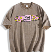 Jesus Heals Christian Based Vintage Washed T-Shirt in Brown