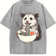 Opossum Ramen Retro Possum Eating Noodles Vintage Washed T-Shirt in Gray