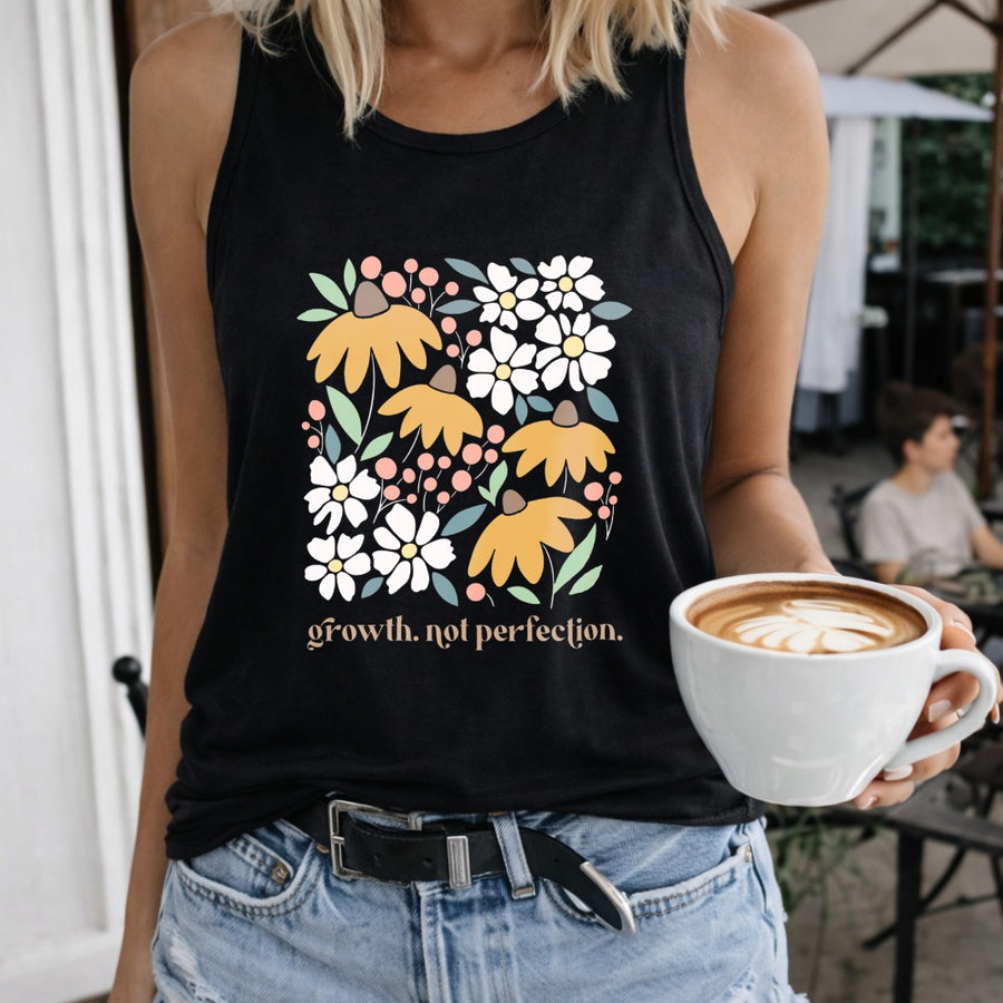 Floral with Yellow and White Flowers Regular Vest Women's Color Cotton Tank Top in Black