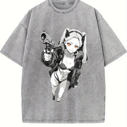 Lucy × David - Cyberpunk Anime for Anime Fans and Lovers vintage washed oversized T-shirt in Gray
