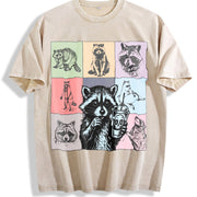 Retro Raccoon Drink Coffee Vintage Washed T-Shirt in Beige
