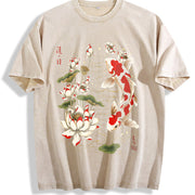 Koi Fish and Lotus Vintage Washed T-Shirt in Beige