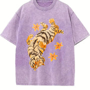 Pure with Tiger Short Sleeved and Slightly Elastic Vintage Washed T-Shirt in Purple