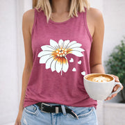 White Flower with Hearts Crew-neck Sleeveless Vest Outdoor Women's Color Cotton Tank Top in Red
